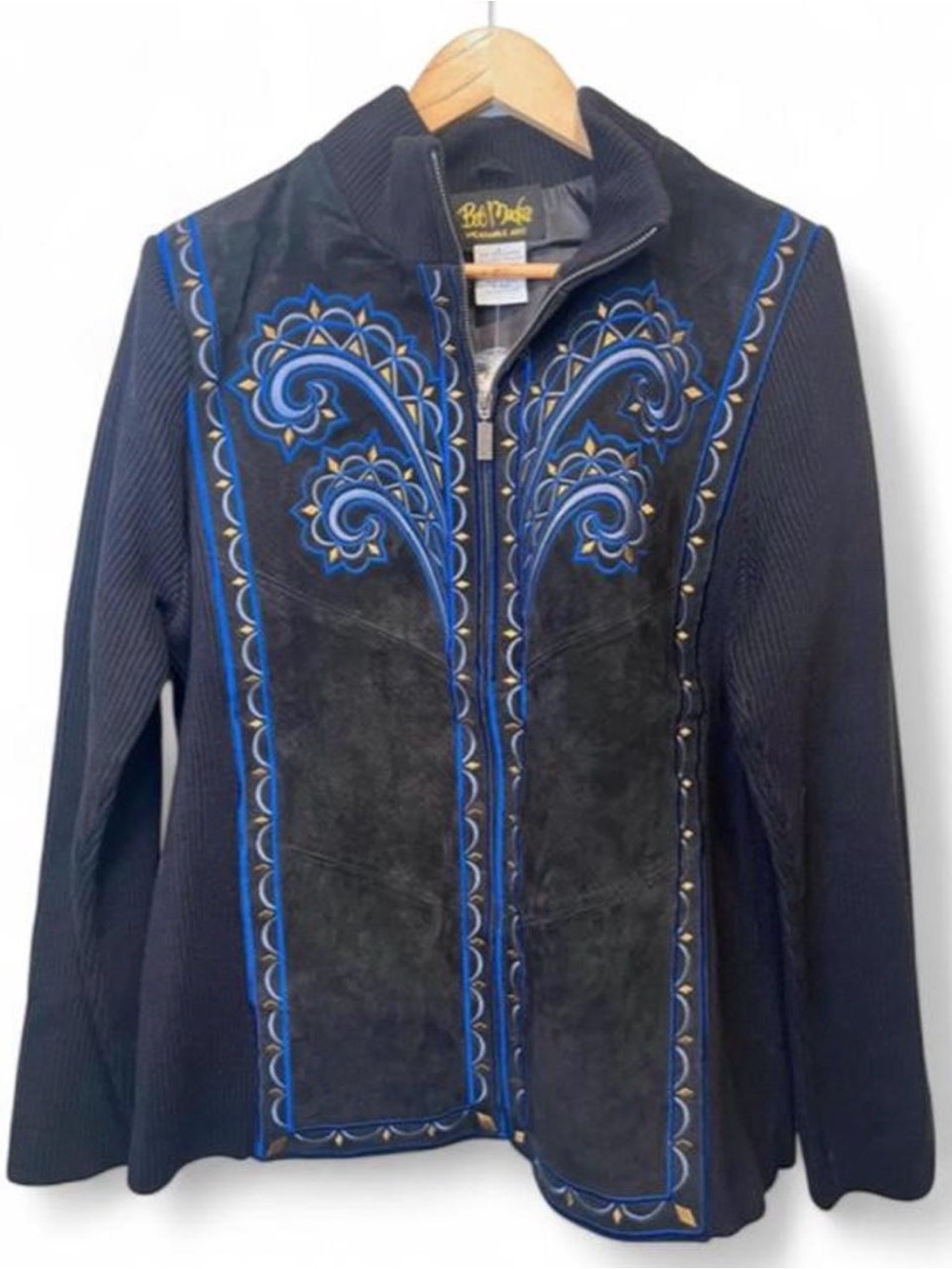 Vintage Bob Mackie Wearable Art embroidered suede and knit sweater jacket Sz L